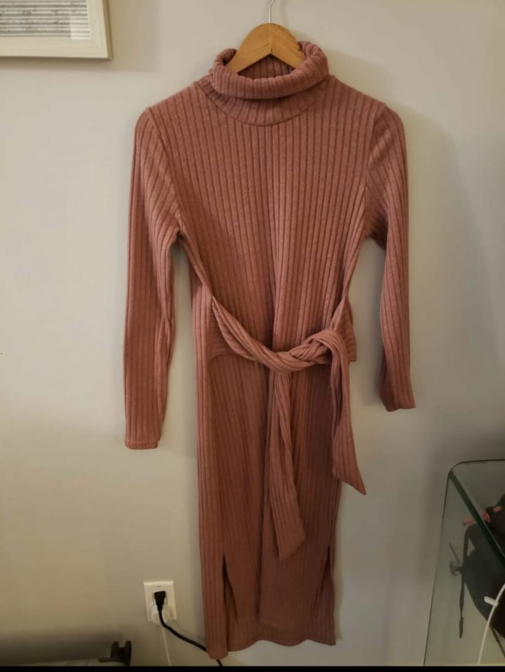 Suzy Shier Ribbed Turtleneck Midi Dress in Dusty Rose